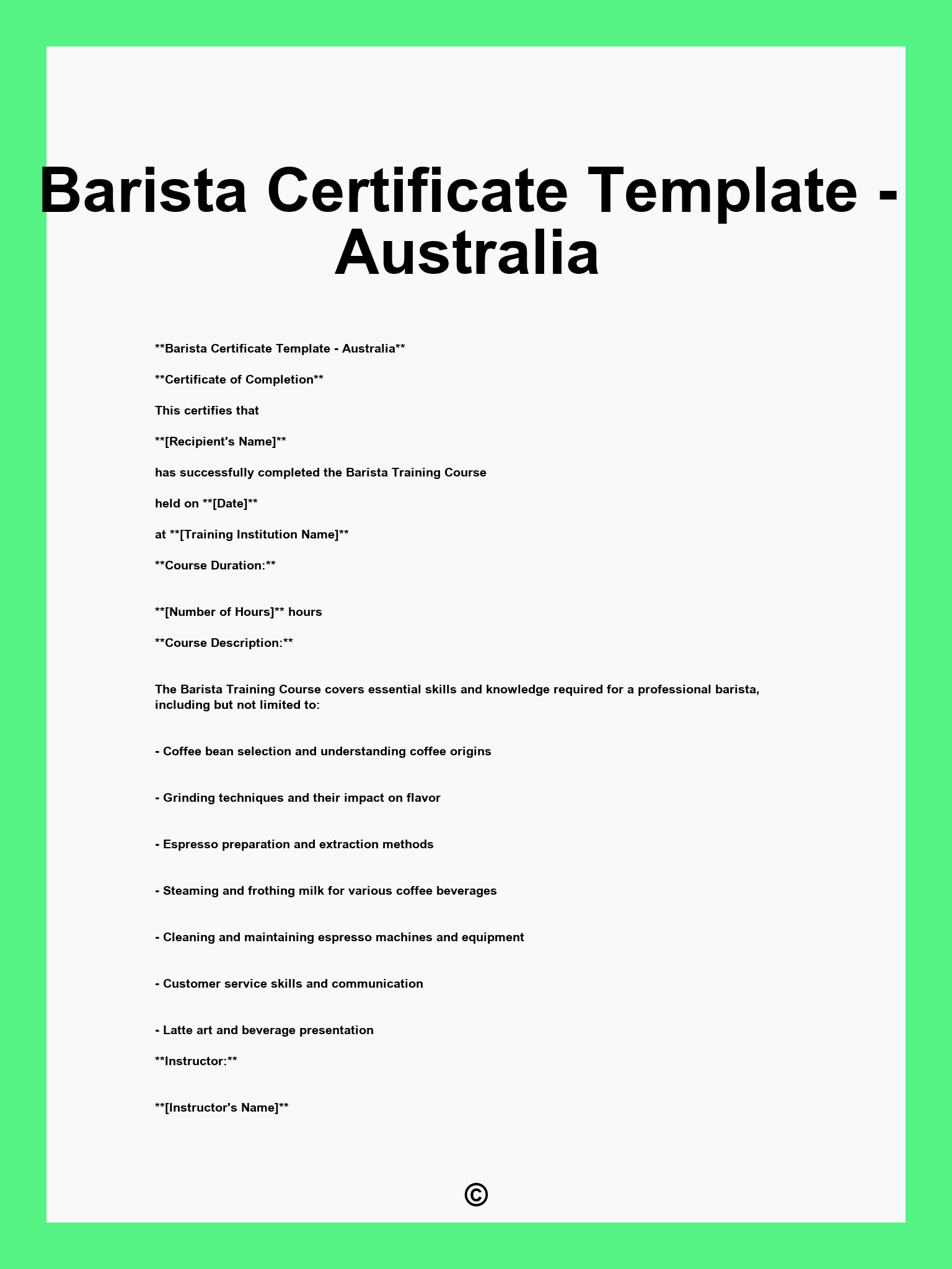 Barista Certificate Template - Australia