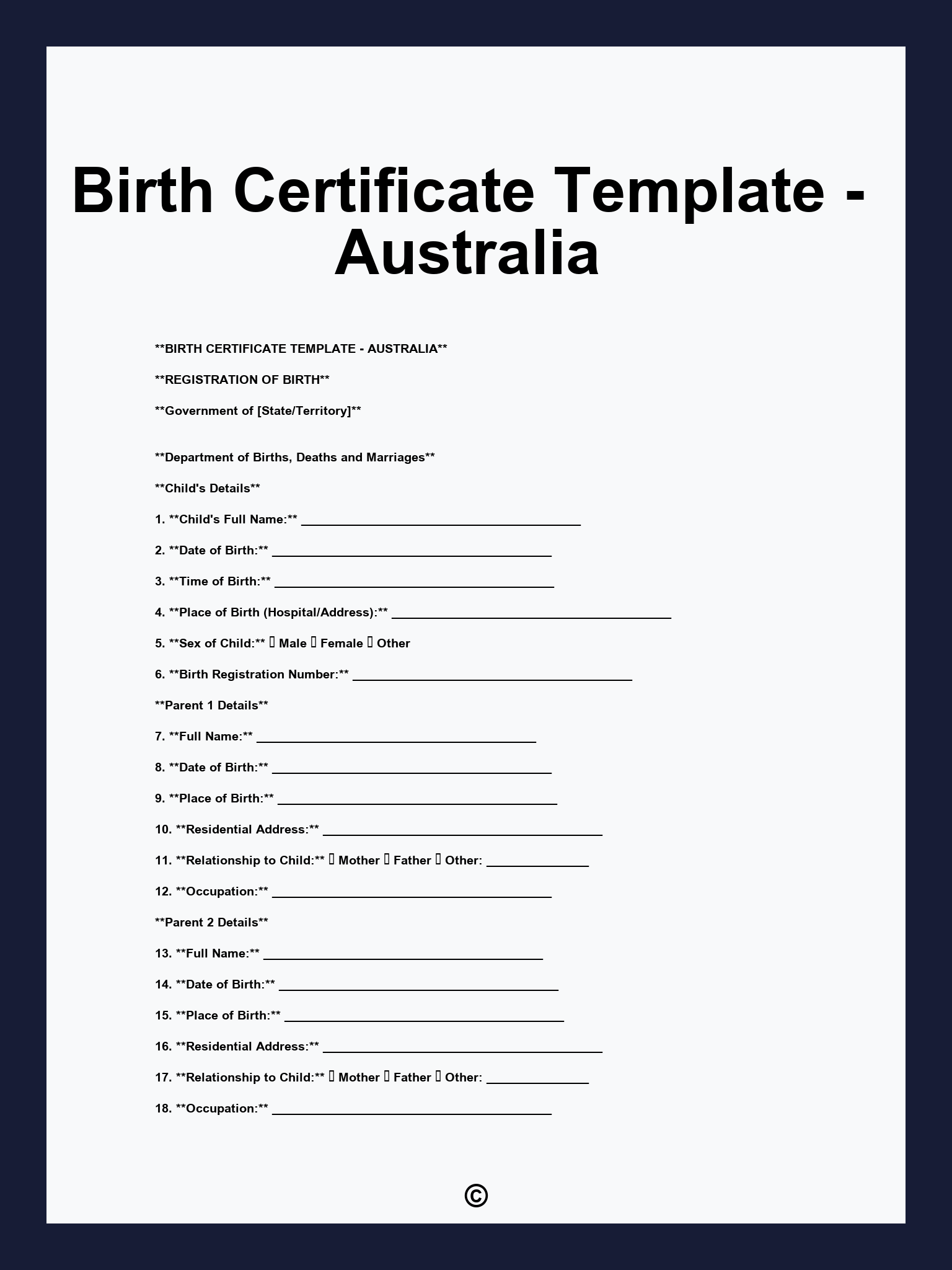 Birth Certificate Template - Australia