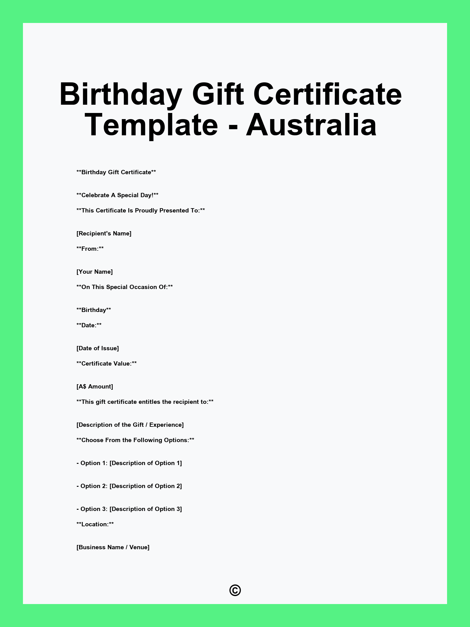 Birthday Gift Certificate Template - Australia