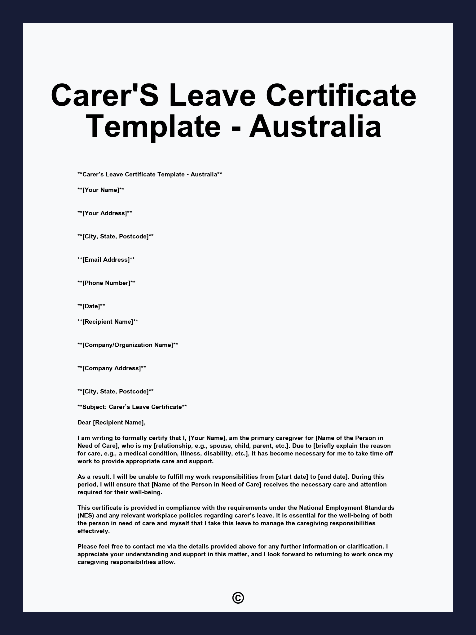 Carers Leave Certificate Template - Australia