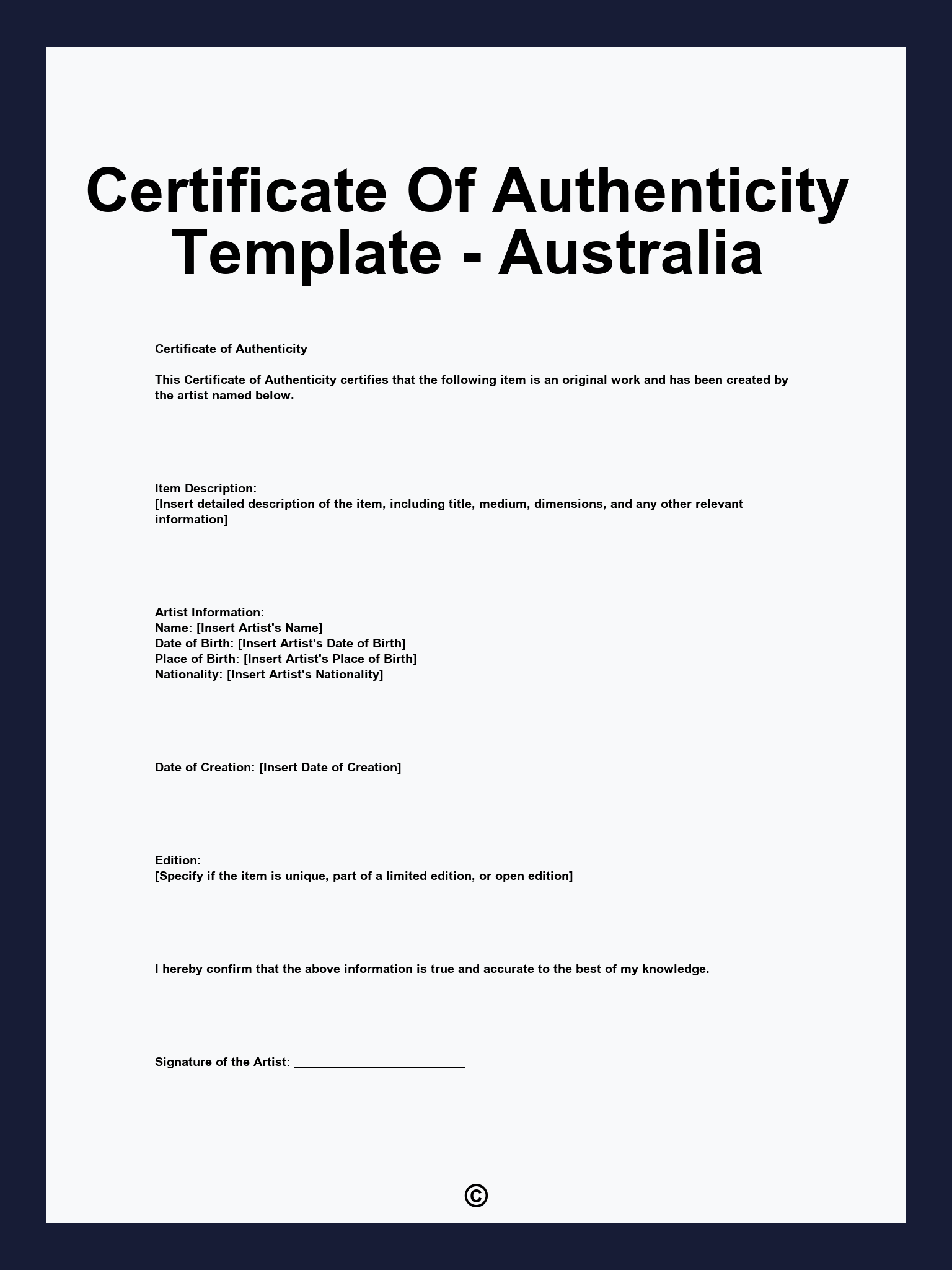 Certificate Of Authenticity Template - Australia