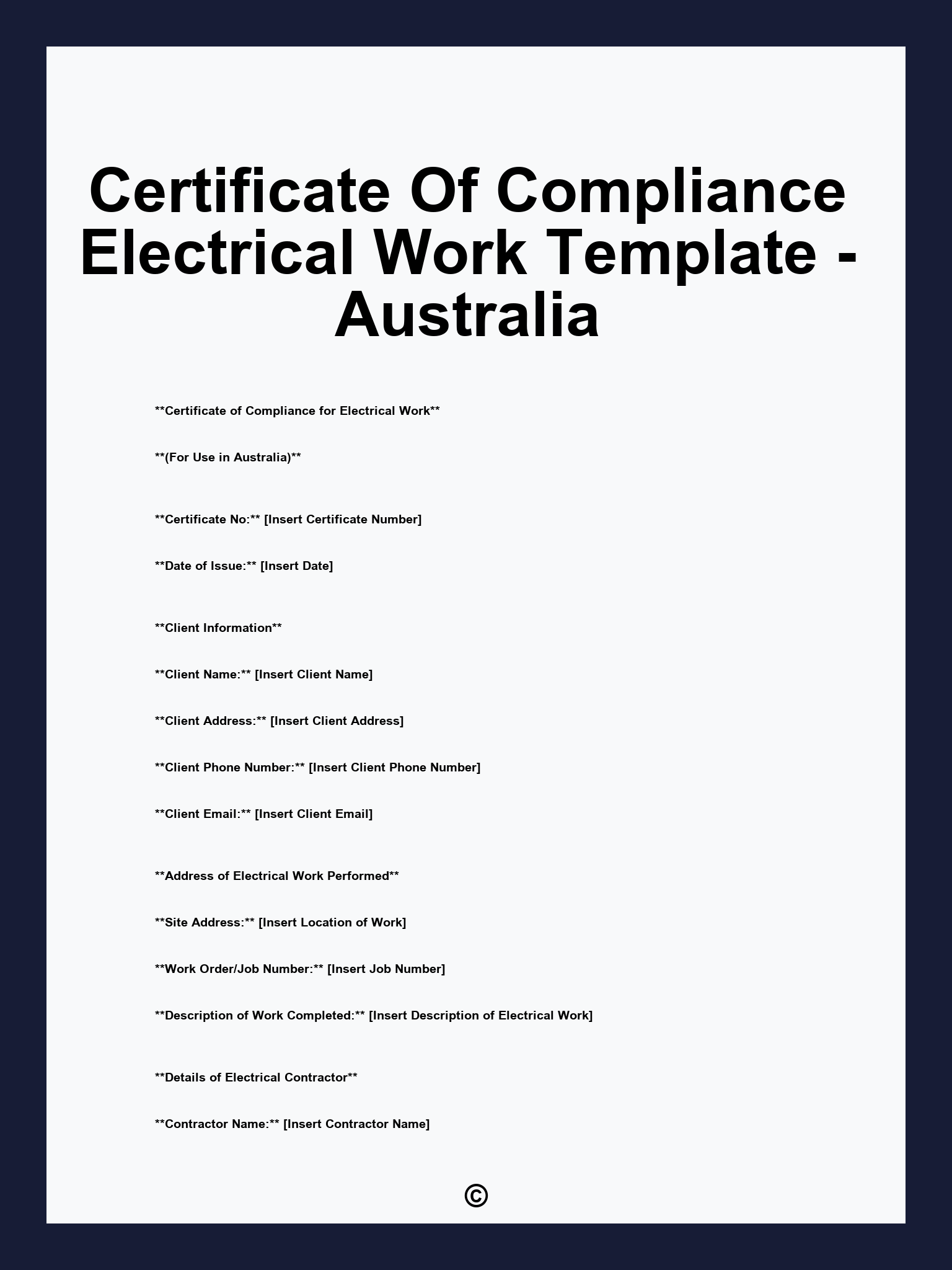 Certificate Of Compliance Electrical Work Template - Australia