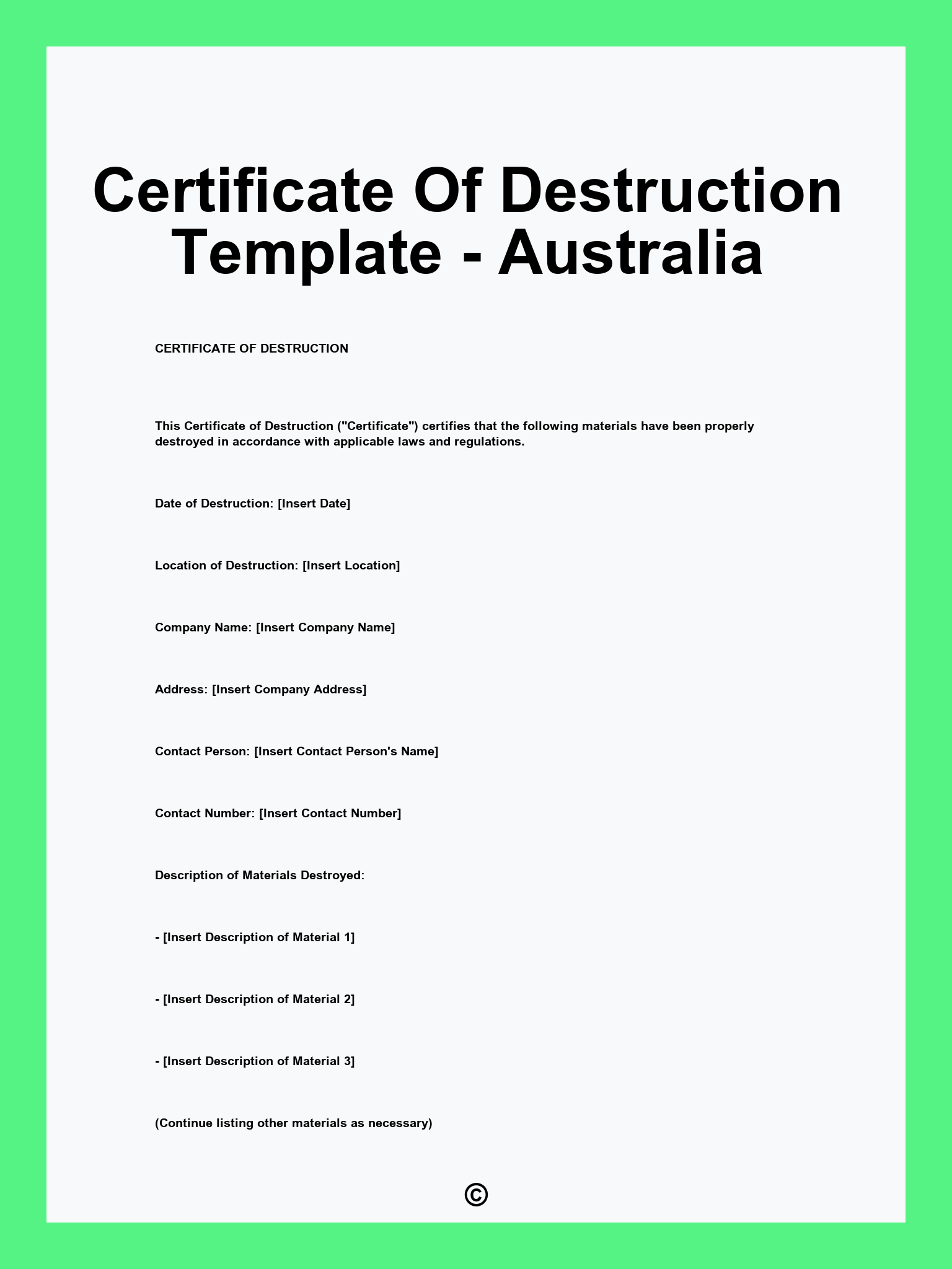Certificate Of Destruction Template - Australia