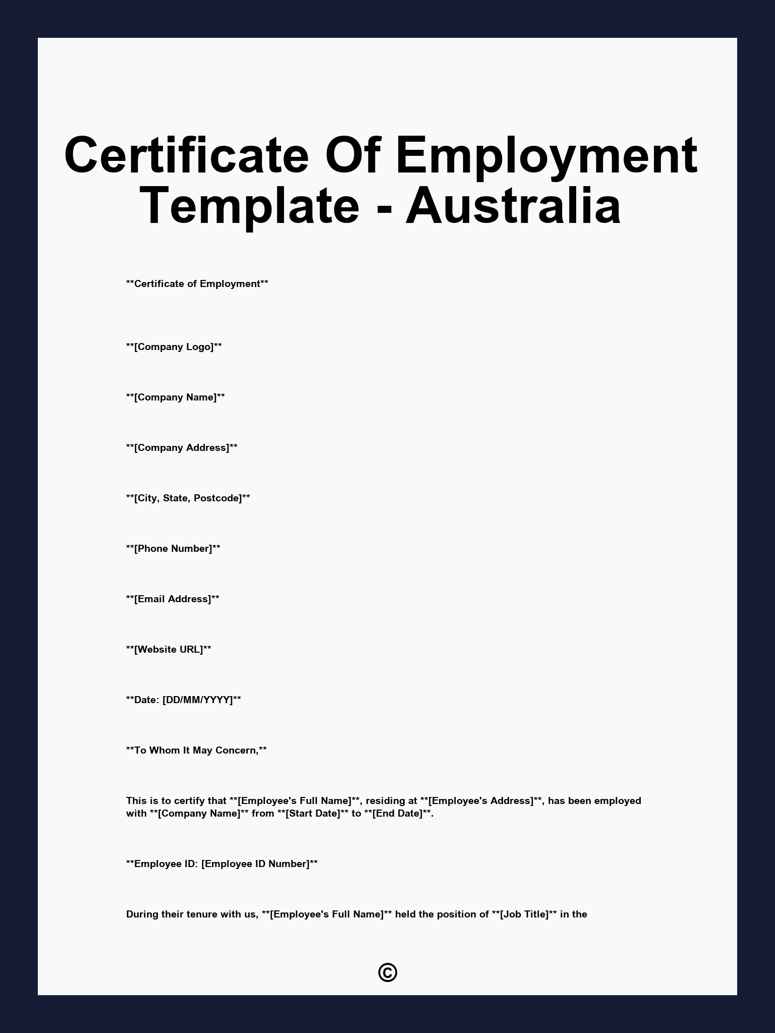 Certificate Of Employment Template - Australia
