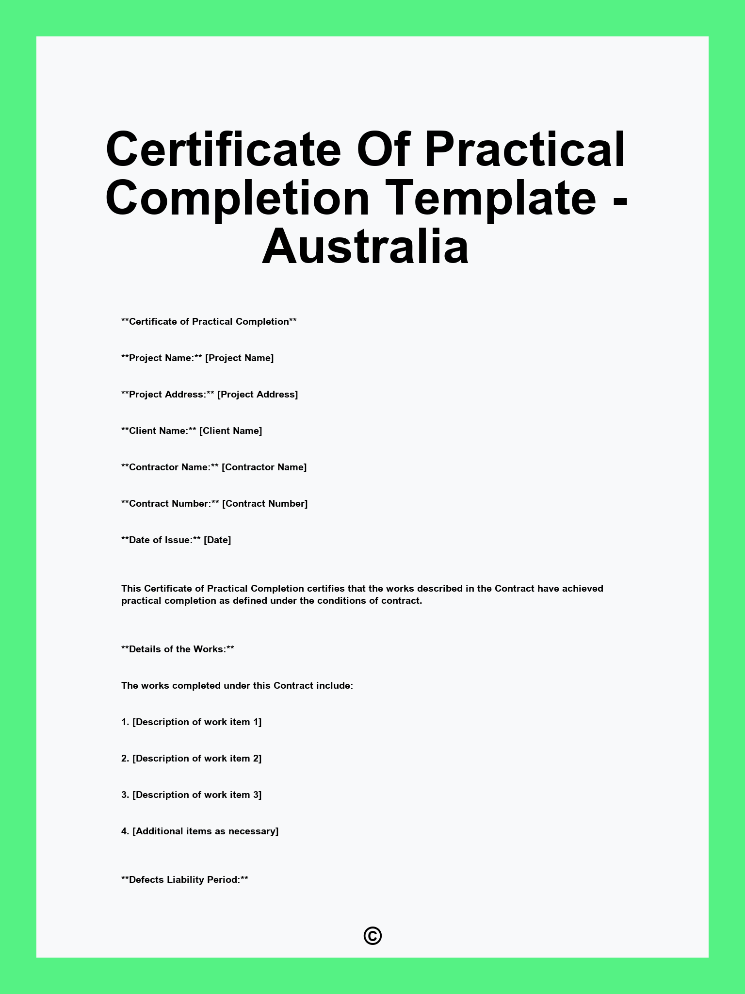 Certificate Of Practical Completion Template - Australia