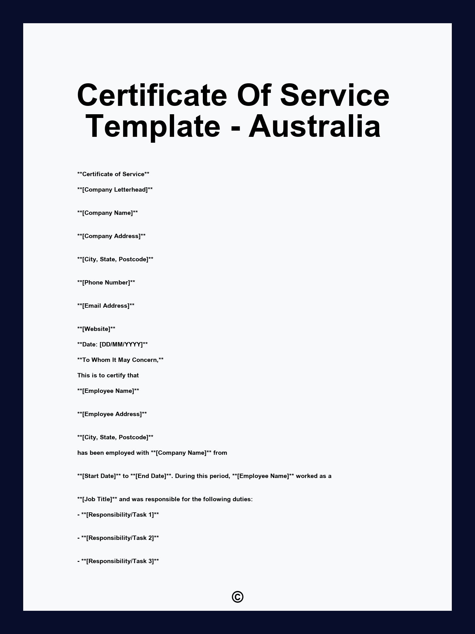 Certificate Of Service Template - Australia