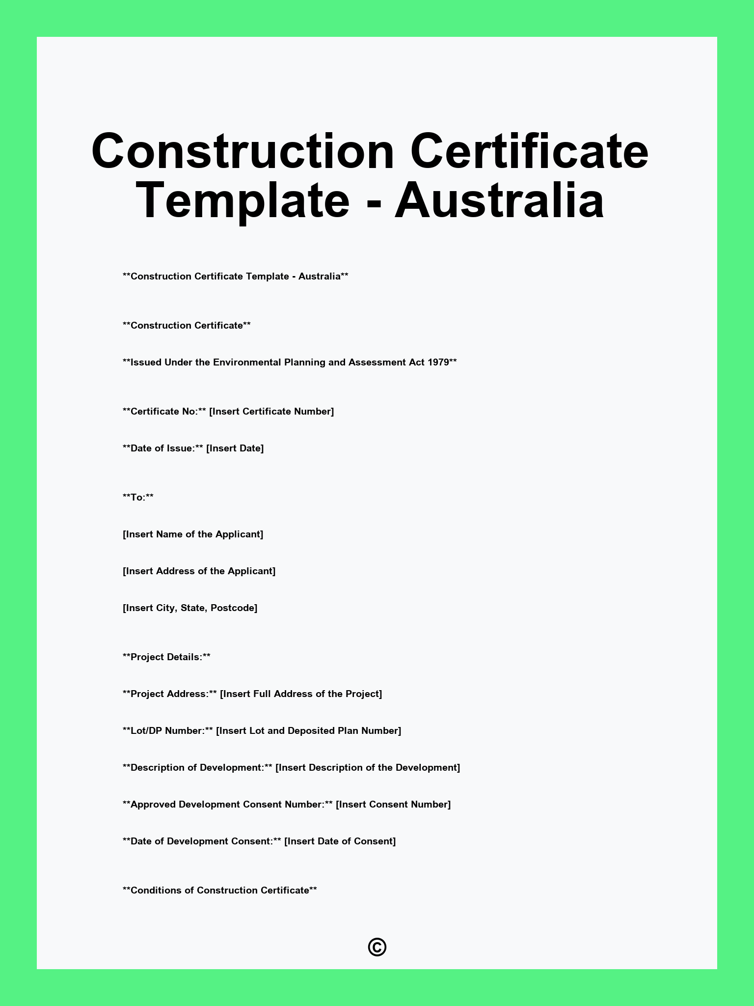 Construction Certificate Template - Australia