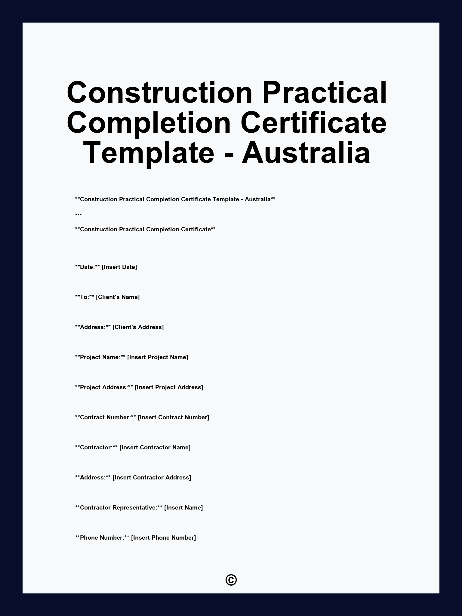 Construction Practical Completion Certificate Template - Australia