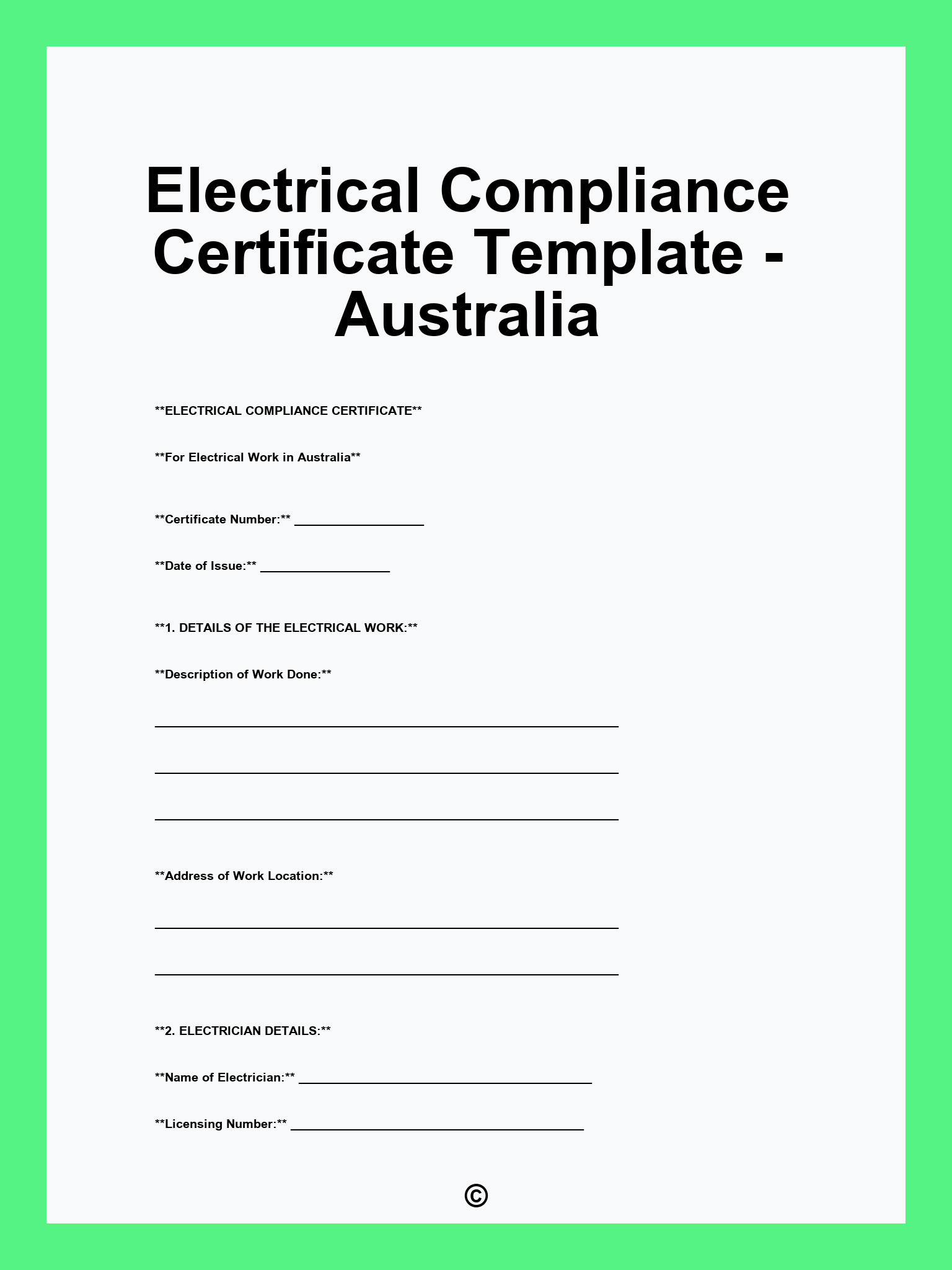 Electrical Compliance Certificate Template - Australia