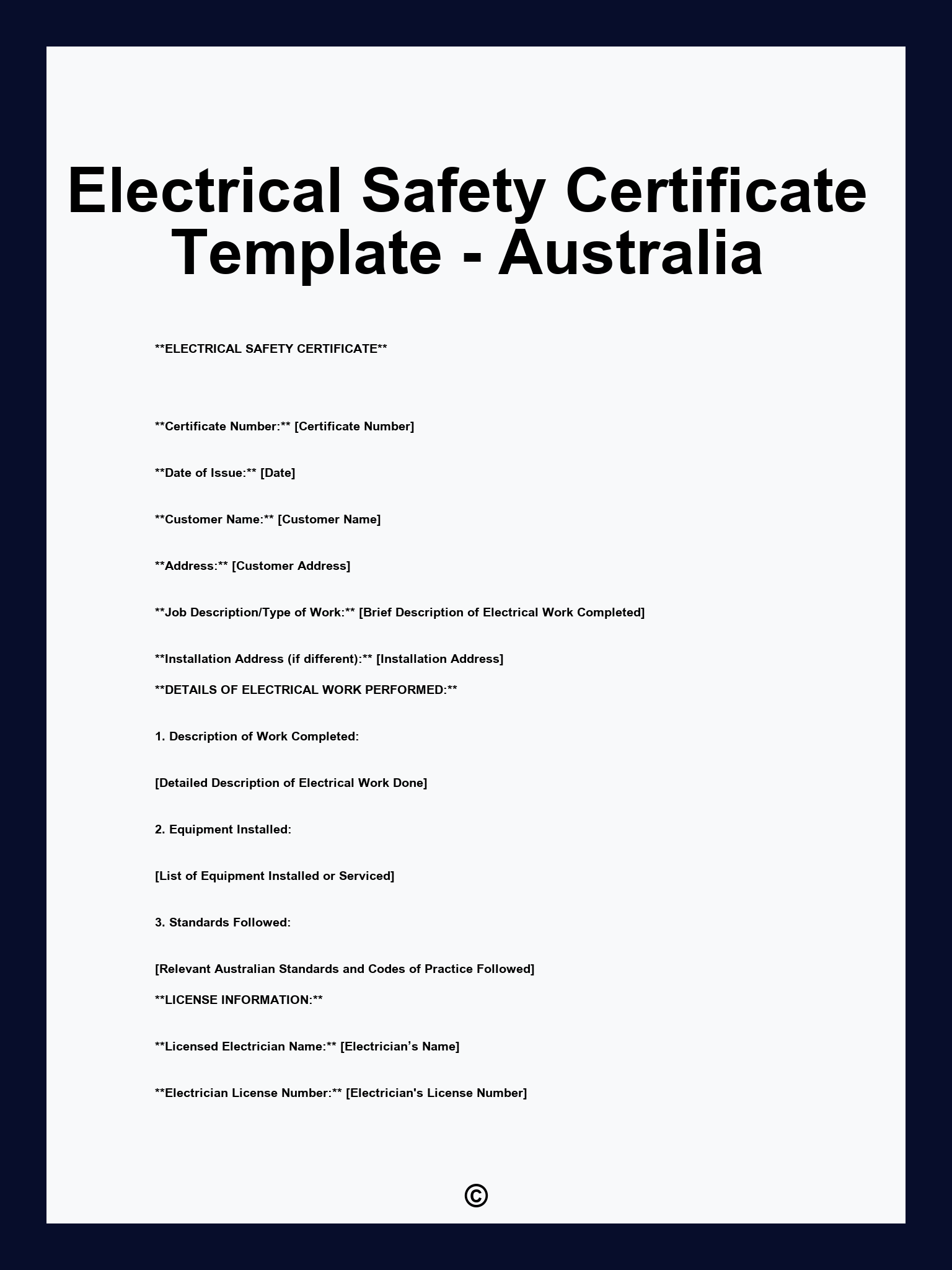 Electrical Safety Certificate Template - Australia