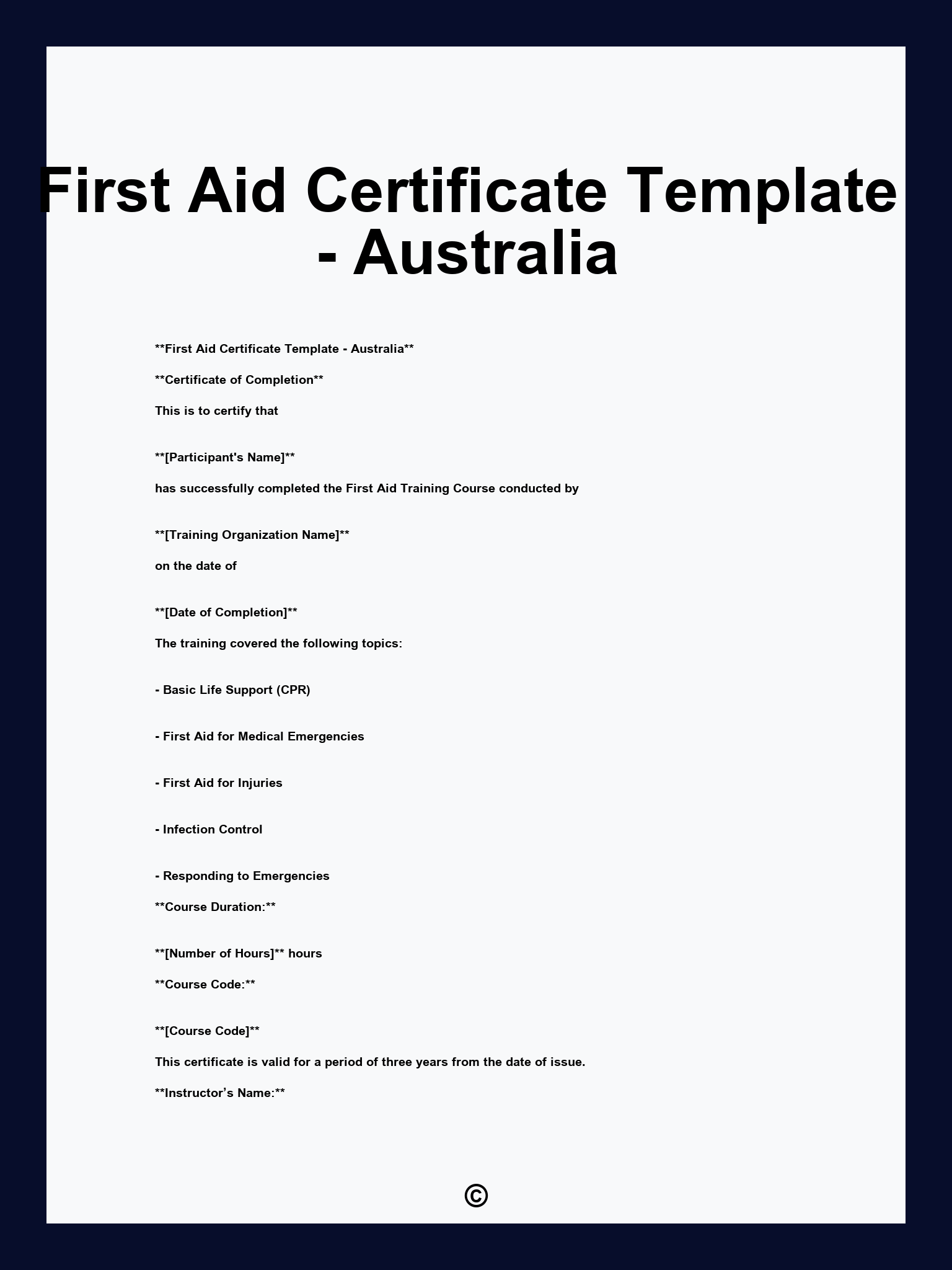 First Aid Certificate Template - Australia