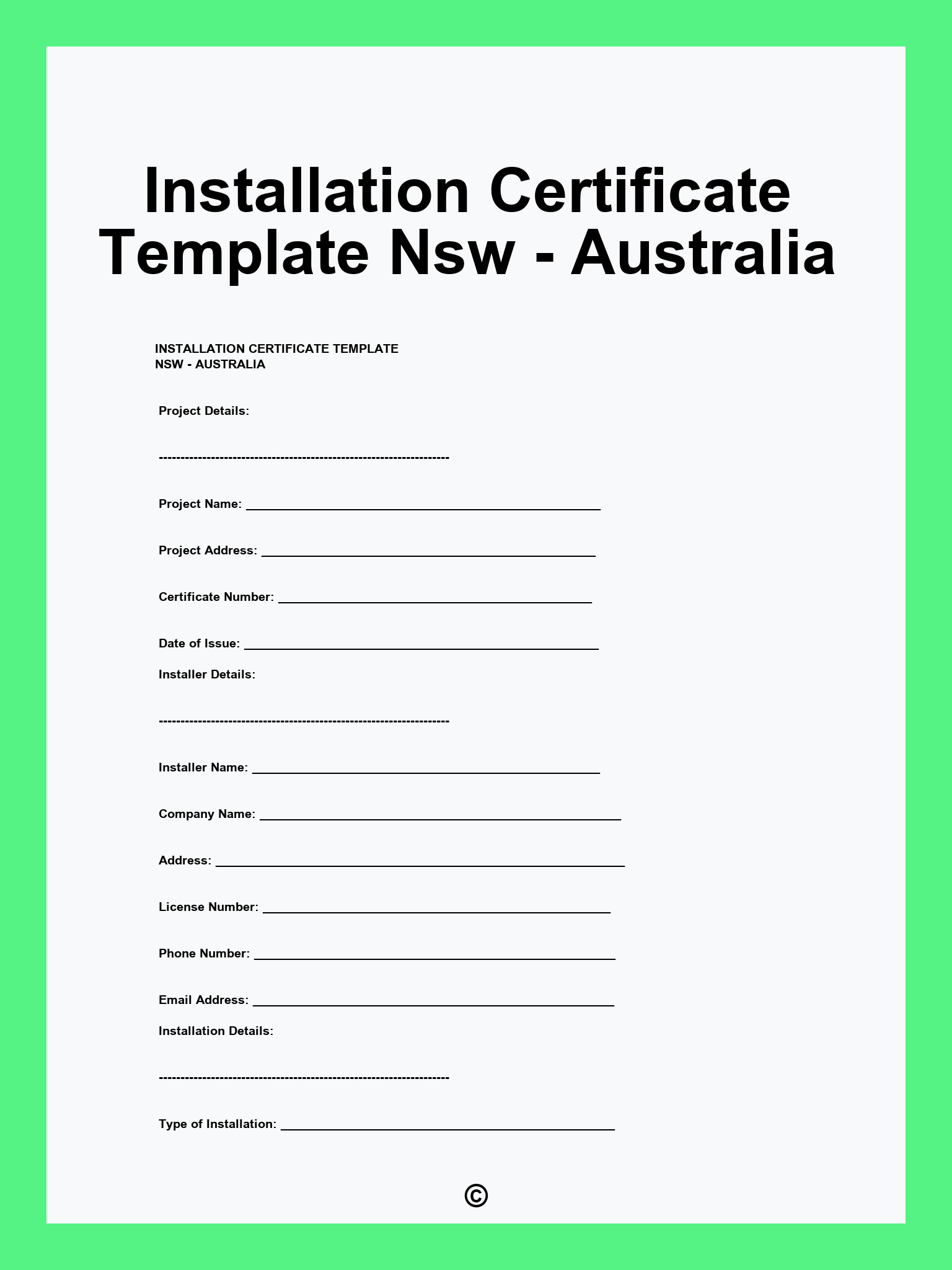 Installation Certificate Template Nsw - Australia