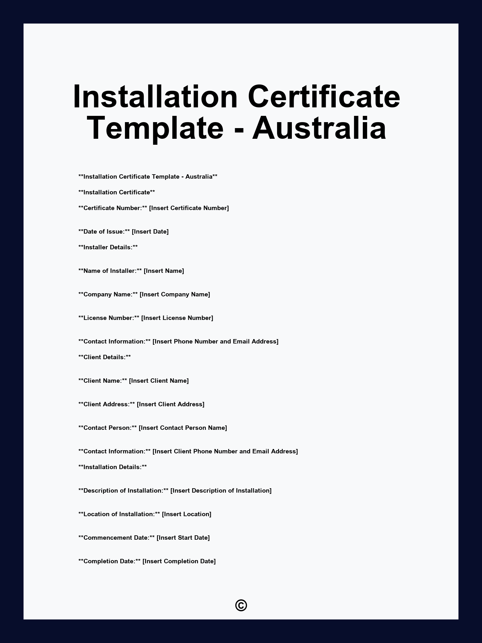 Installation Certificate Template - Australia