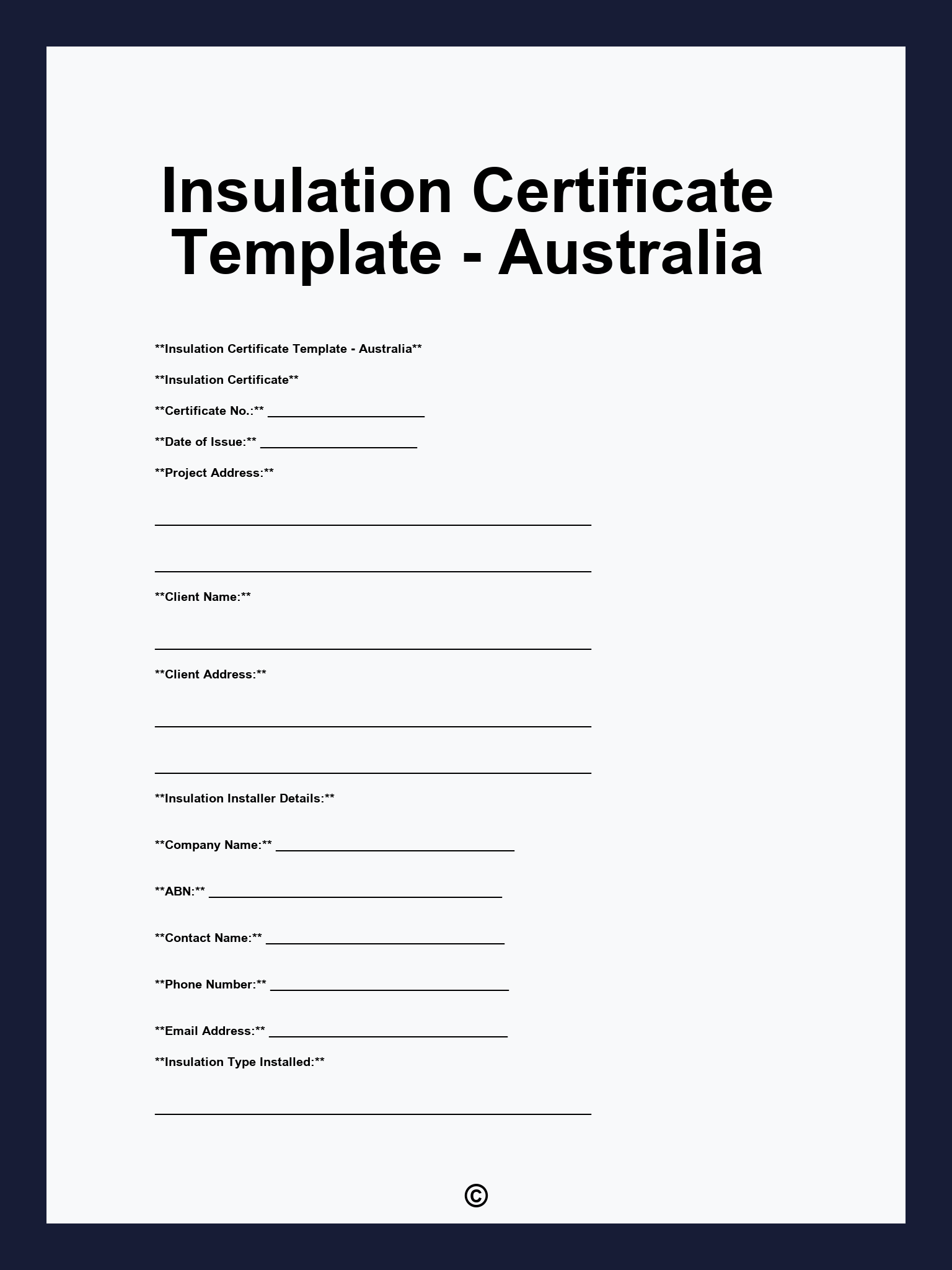 Insulation Certificate Template - Australia