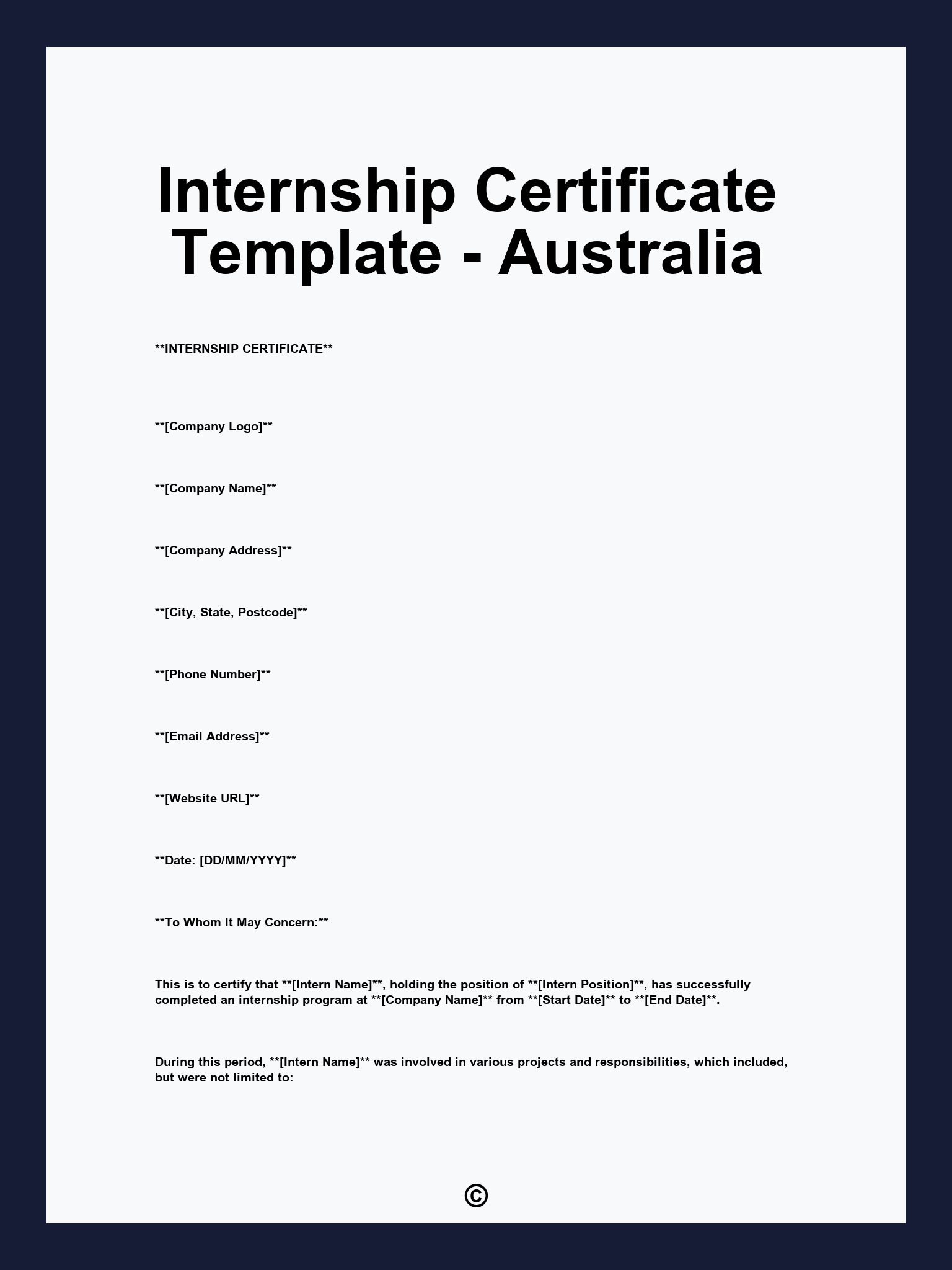 Internship Certificate Template - Australia