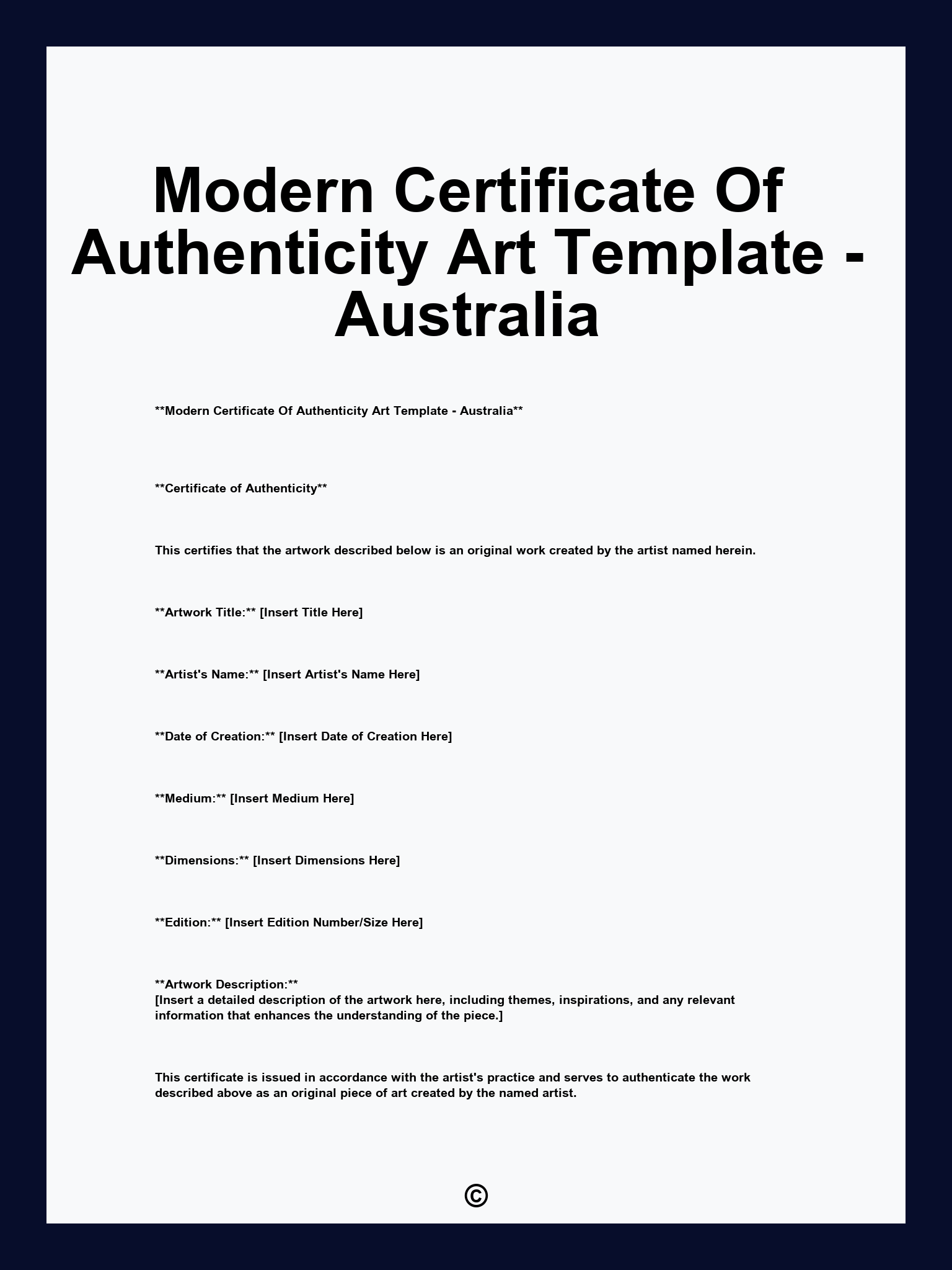 Modern Certificate Of Authenticity Art Template - Australia