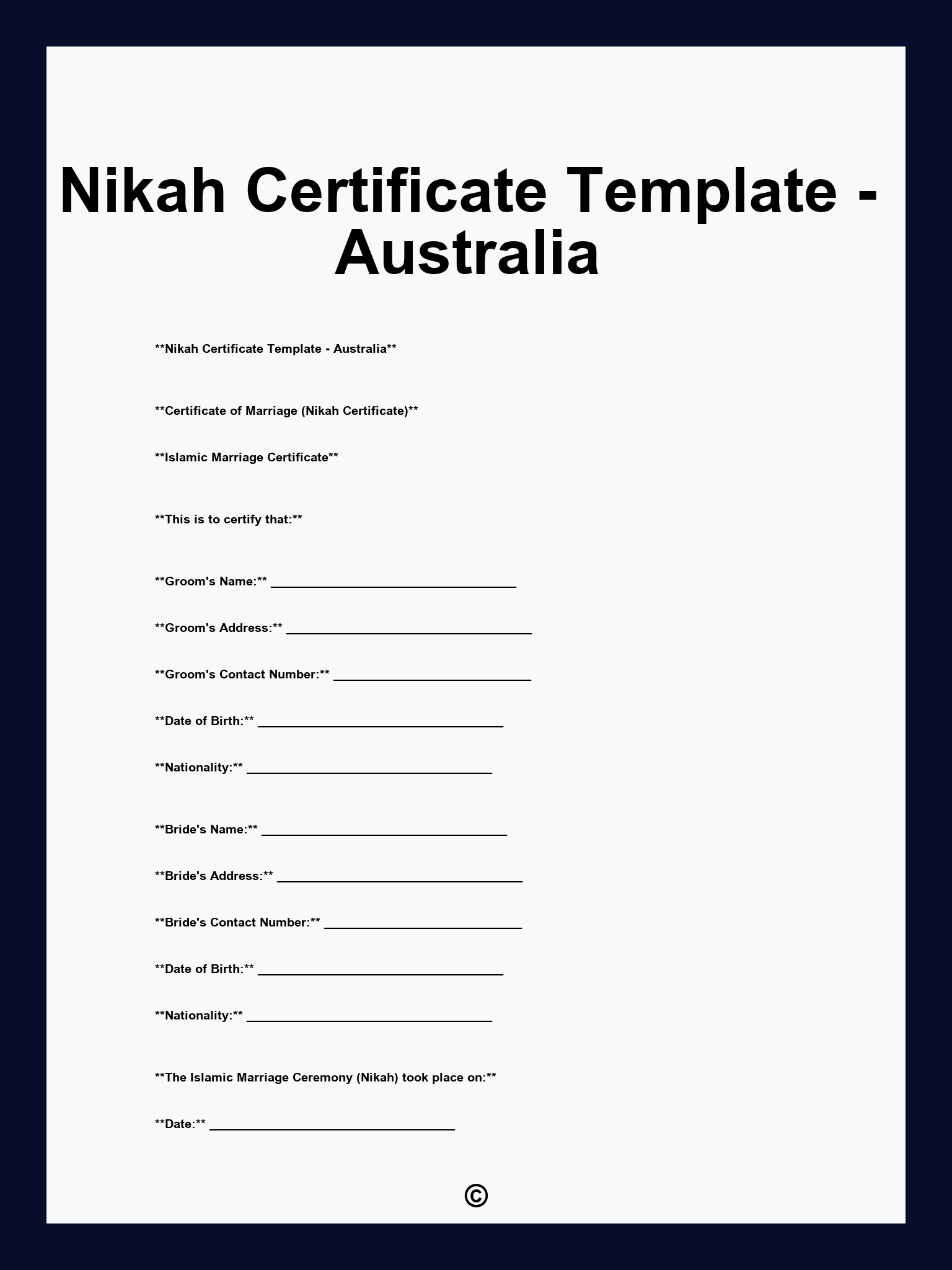 Nikah Certificate Template - Australia