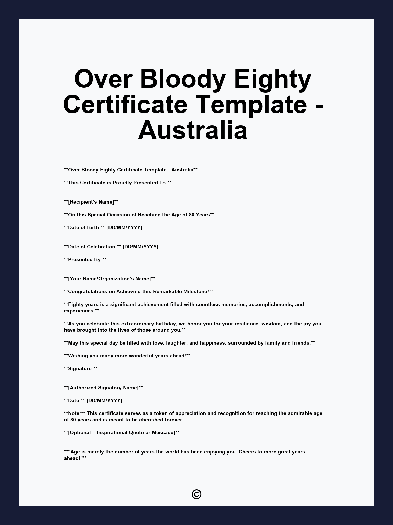 Over Bloody Eighty Certificate Template - Australia