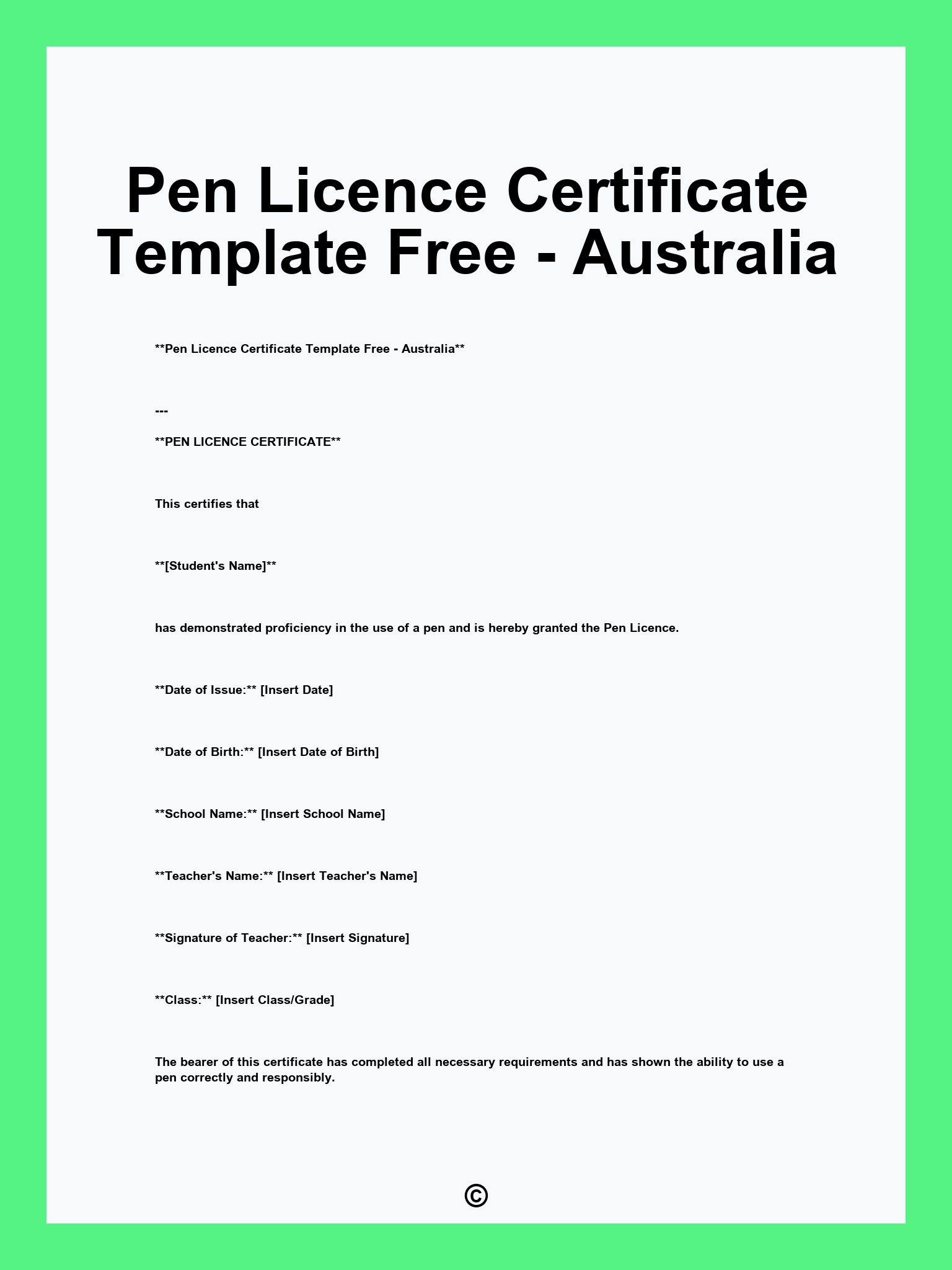 Pen Licence Certificate Template Free - Australia