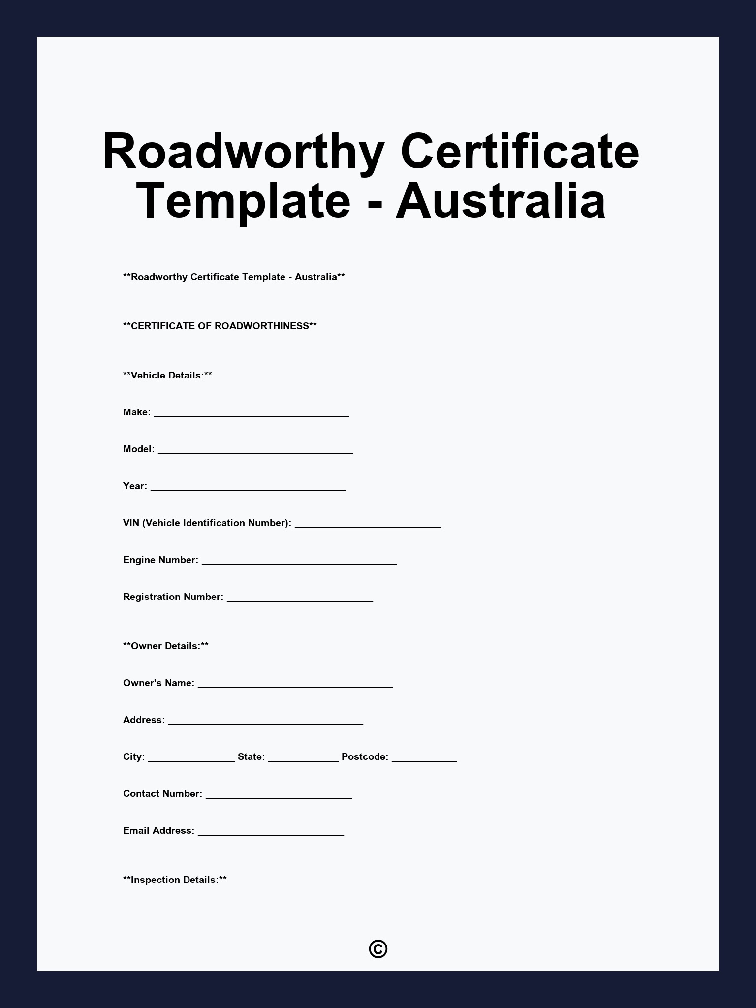 Roadworthy Certificate Template - Australia