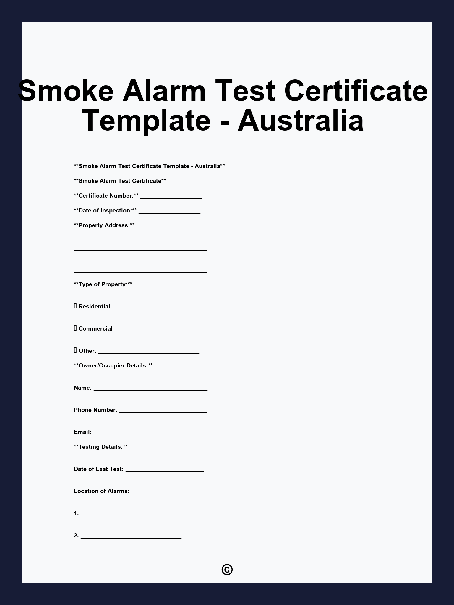 Smoke Alarm Test Certificate Template - Australia
