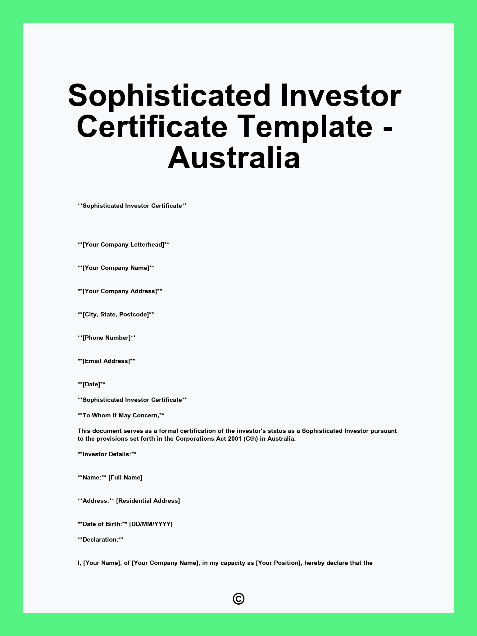 Sophisticated Investor Certificate Template - Australia