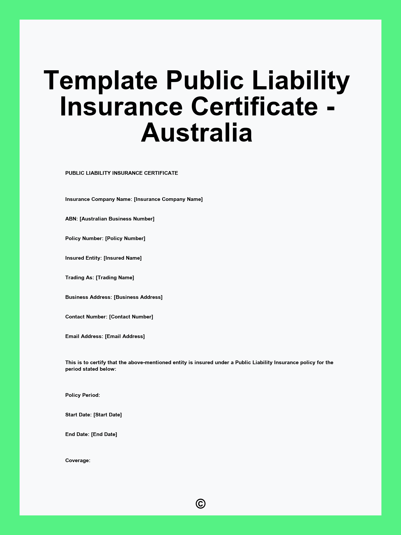 Template Public Liability Insurance Certificate - Australia