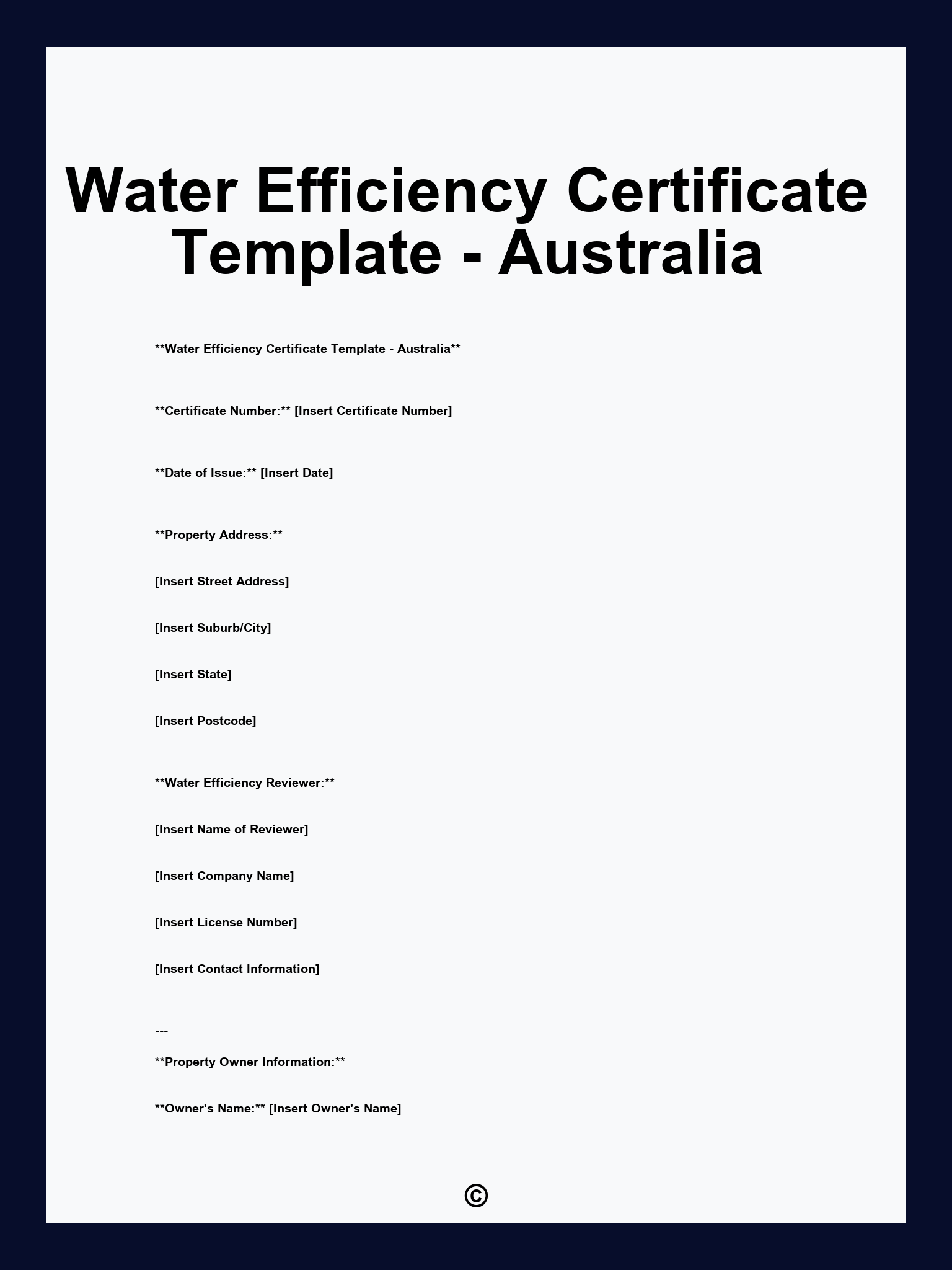 Water Efficiency Certificate Template - Australia