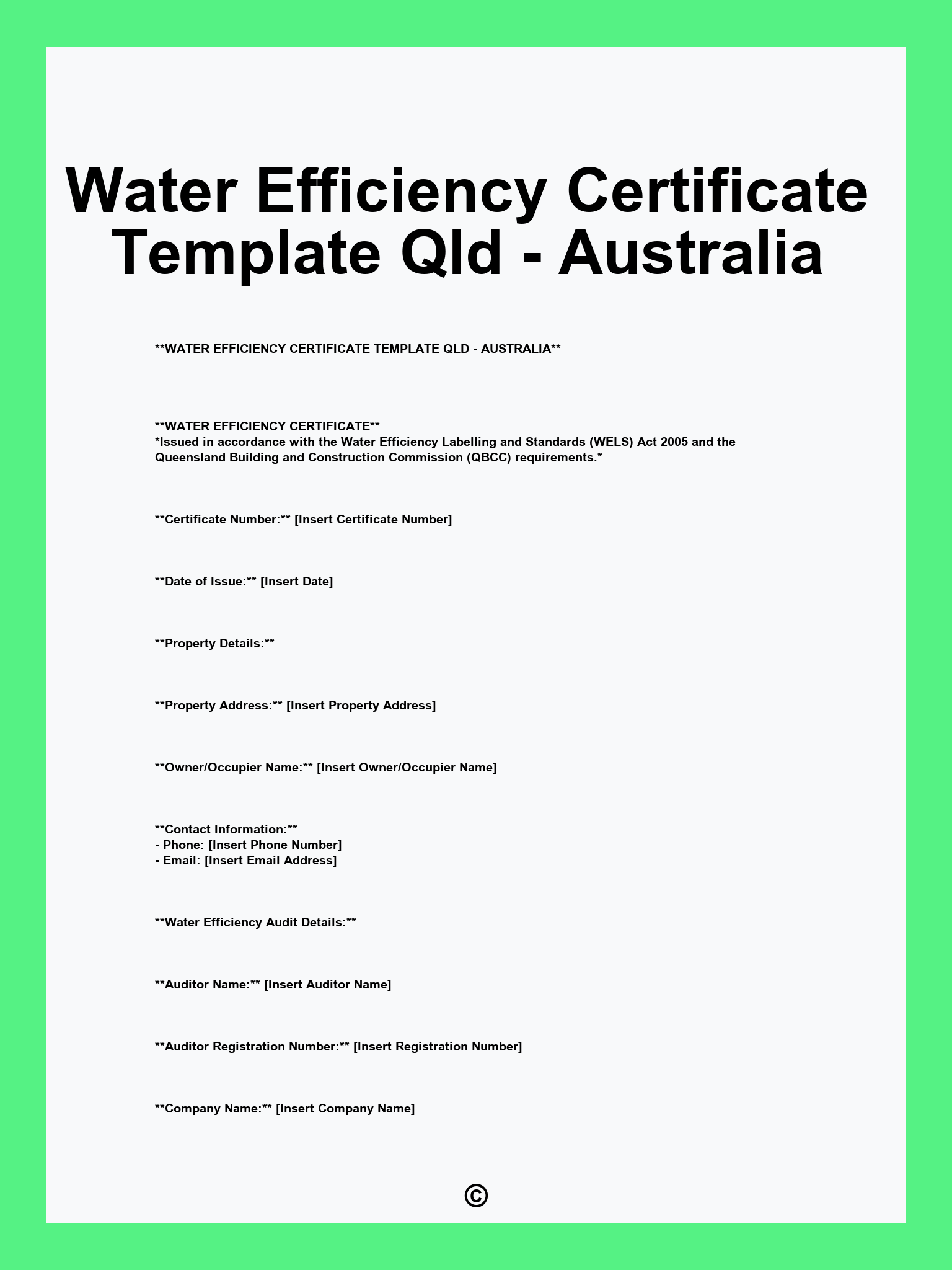 Water Efficiency Certificate Template Qld - Australia