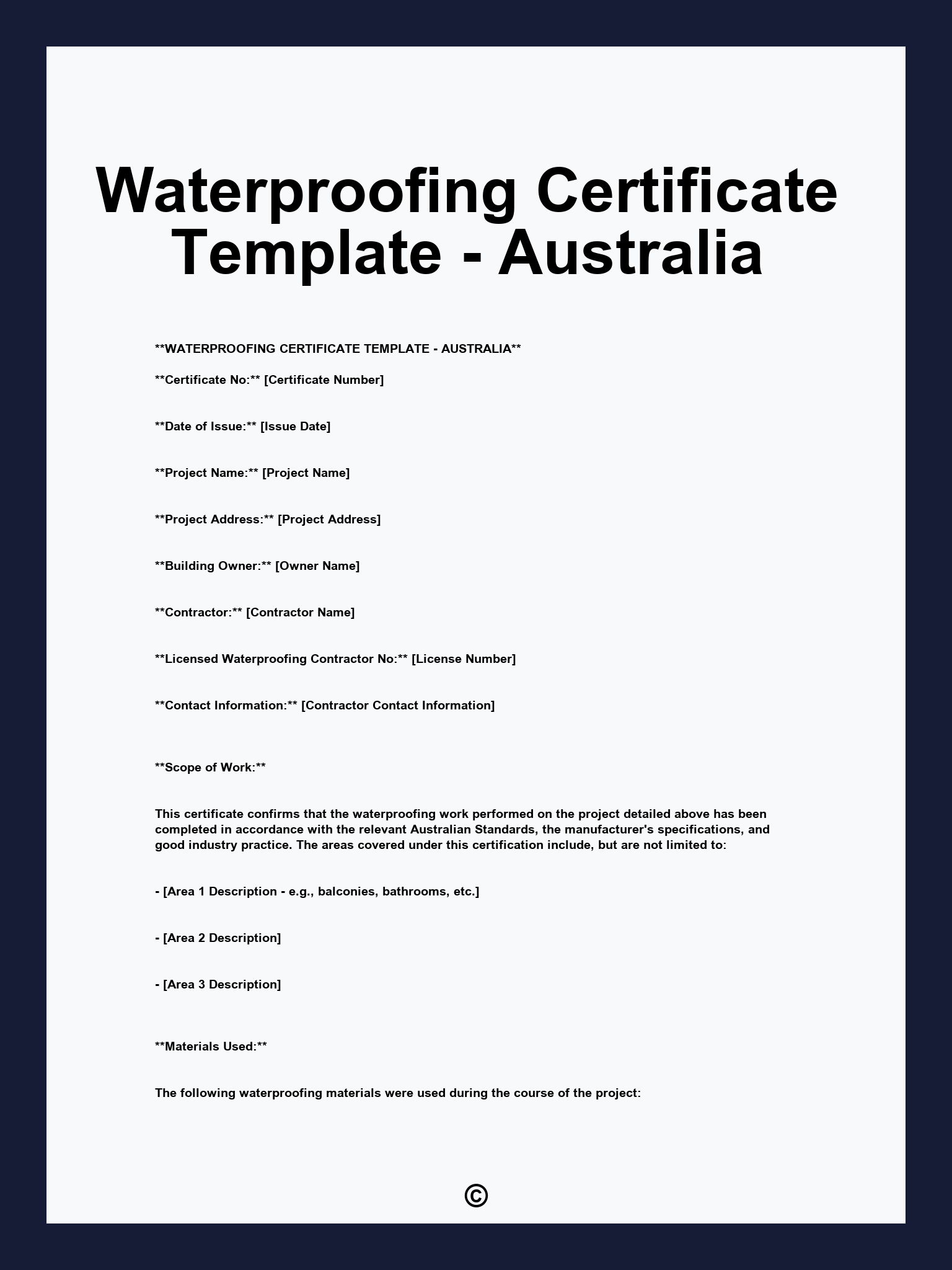 Waterproofing Certificate Template - Australia
