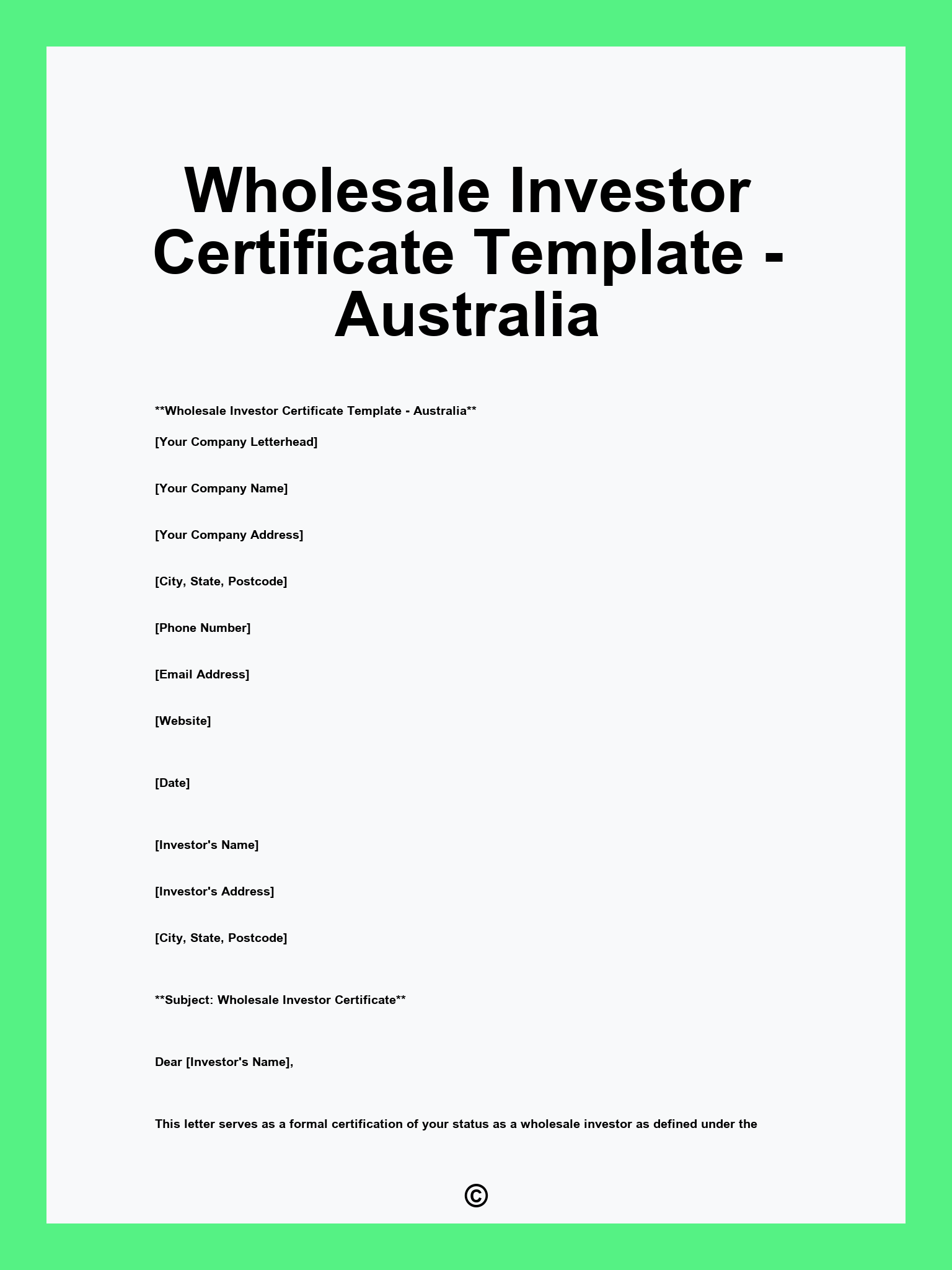 Wholesale Investor Certificate Template - Australia