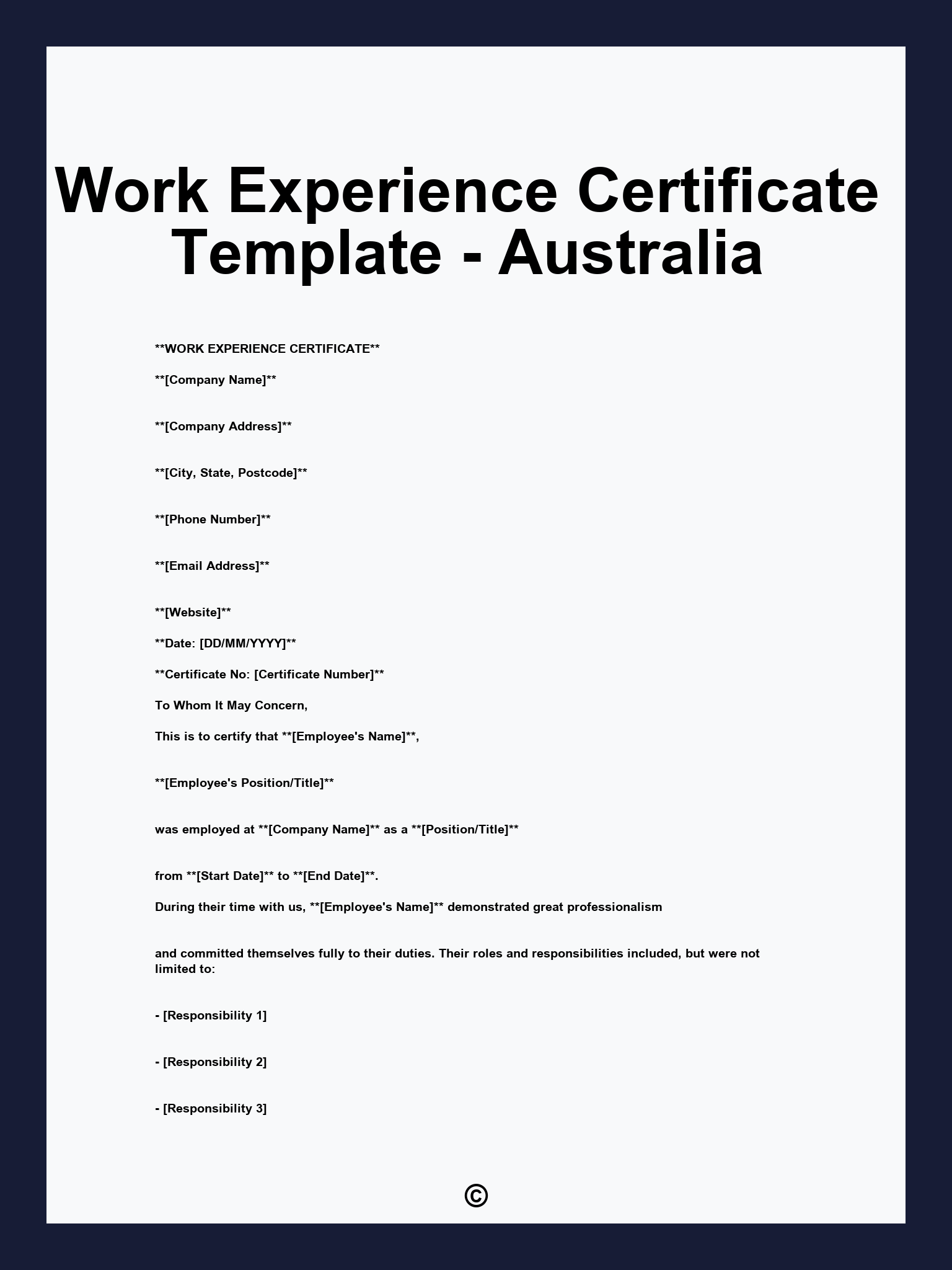 Work Experience Certificate Template - Australia